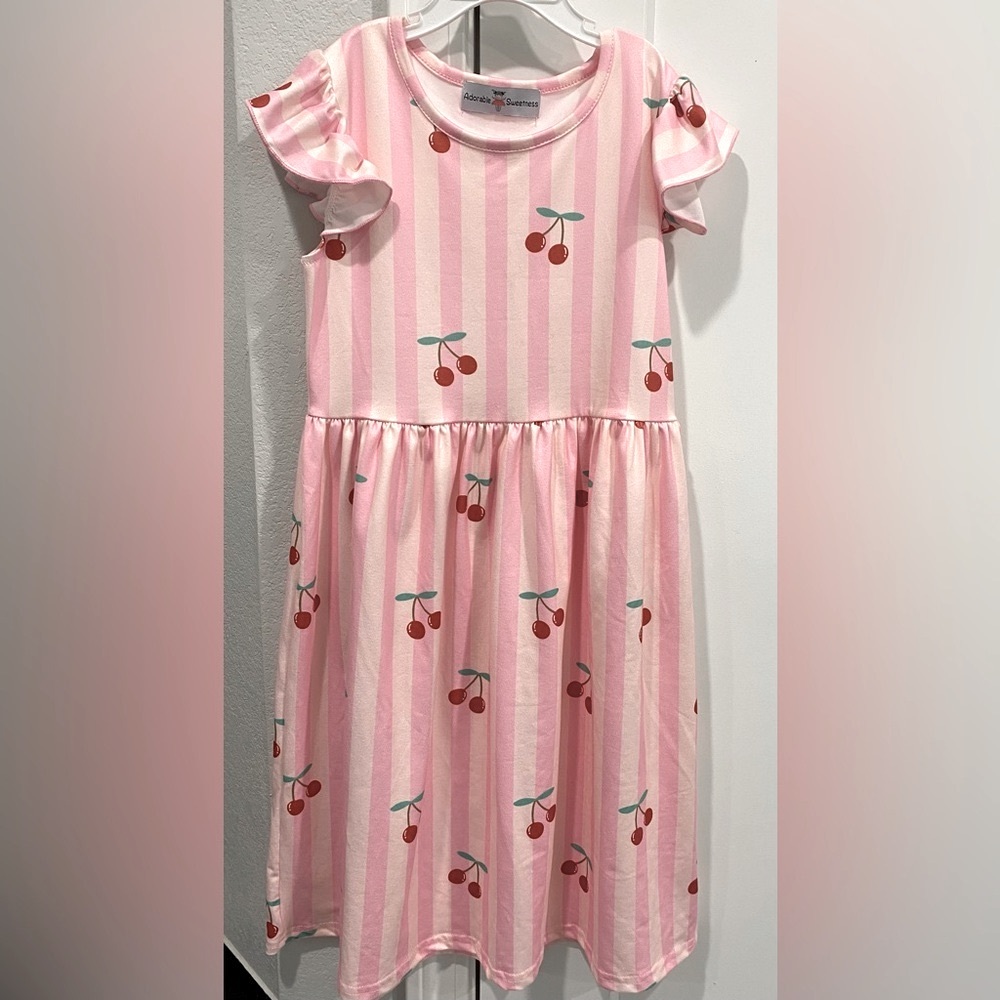 Adorable Sweetness Pink Stripe Cherry Flutter Sleeve Girl’s Pullover Dress 7/8